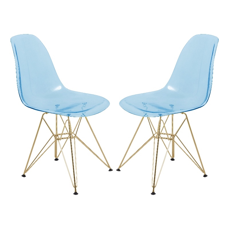 LeisureMod Cresco Molded Side Chair with Gold Base Set of 2 in Transparent Blue