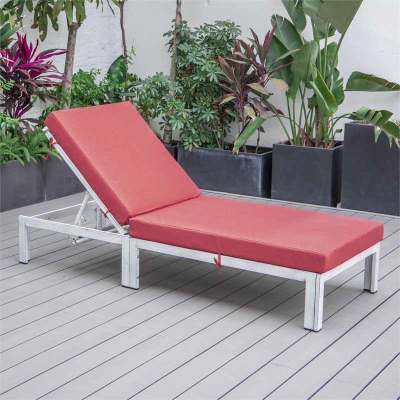 LeisureMod Chelsea Patio Weathered Grey Chaise Lounge Chair With Red Cushions