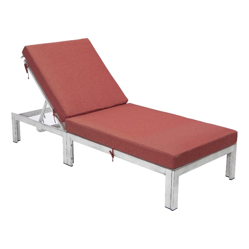 LeisureMod Chelsea Patio Weathered Grey Chaise Lounge Chair With Red Cushions