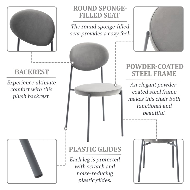 LeisureMod Euston Modern Grey Velvet Dining Chair with Grey Steel Frame