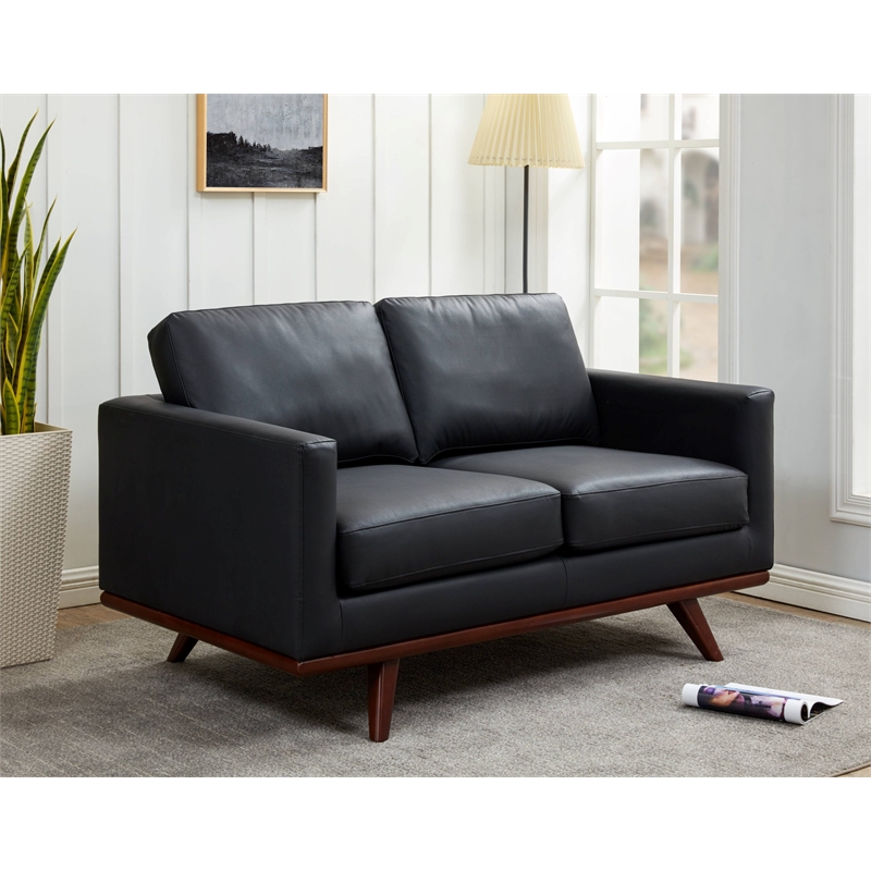 LeisureMod Chester Modern Faux Leather Loveseat With Birch Wood Base Black
