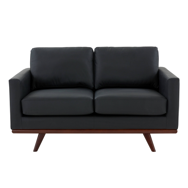 LeisureMod Chester Modern Faux Leather Loveseat With Birch Wood Base Black