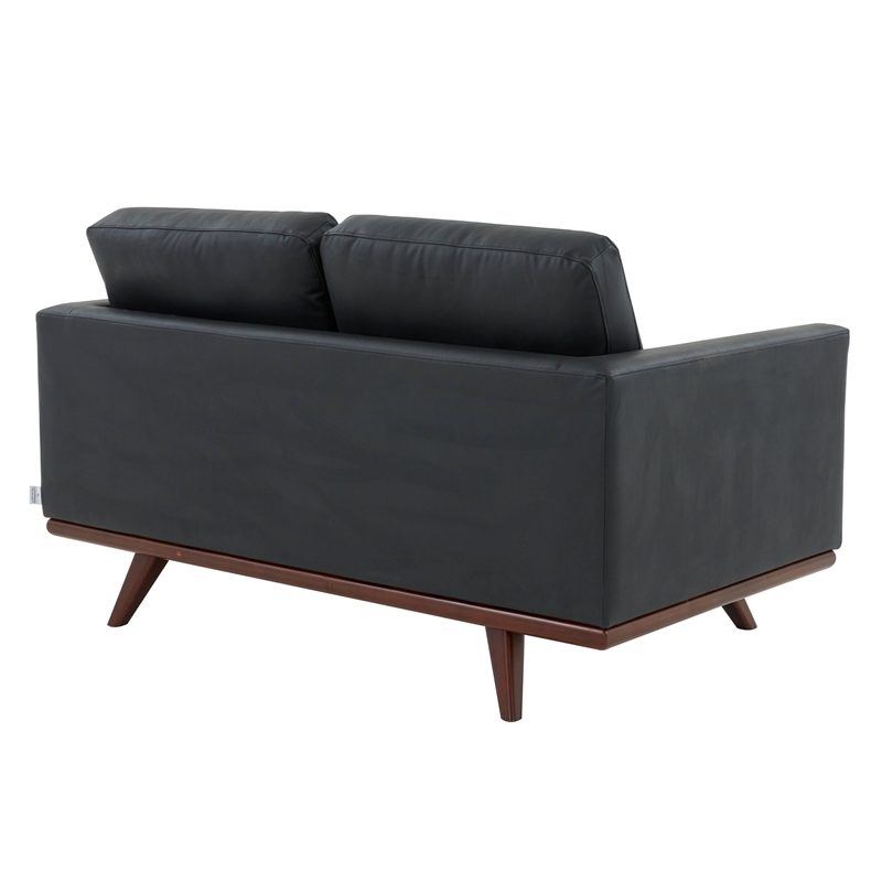 LeisureMod Chester Modern Faux Leather Loveseat With Birch Wood Base Black