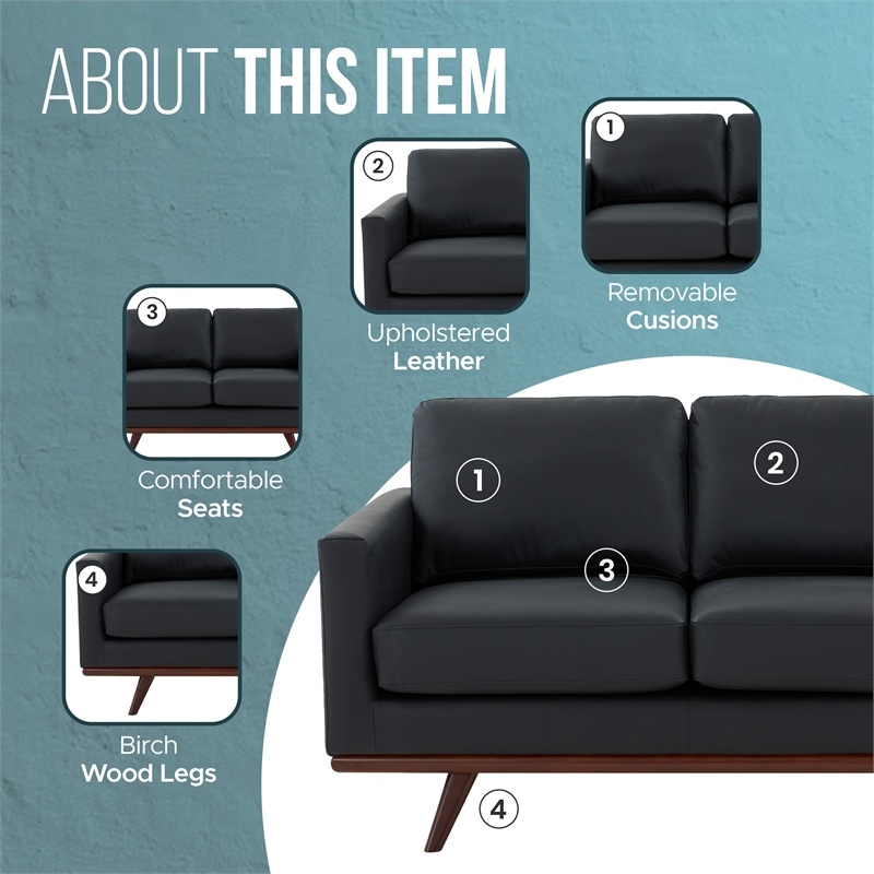 LeisureMod Chester Modern Faux Leather Loveseat With Birch Wood Base Black