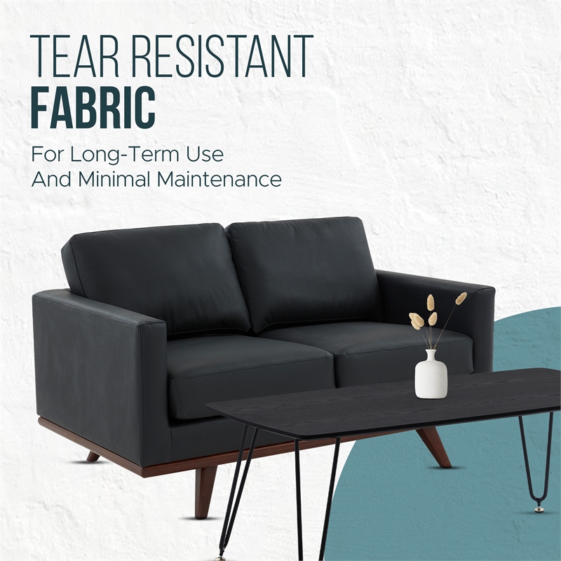 LeisureMod Chester Modern Faux Leather Loveseat With Birch Wood Base Black