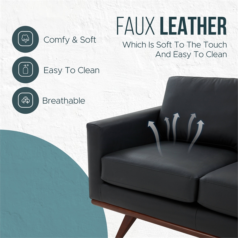 LeisureMod Chester Modern Faux Leather Loveseat With Birch Wood Base Black