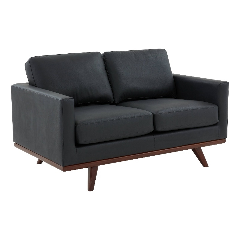 LeisureMod Chester Modern Faux Leather Loveseat With Birch Wood Base Black