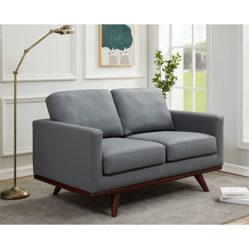 LeisureMod Chester Modern Faux Leather Loveseat With Birch Wood Base Gray