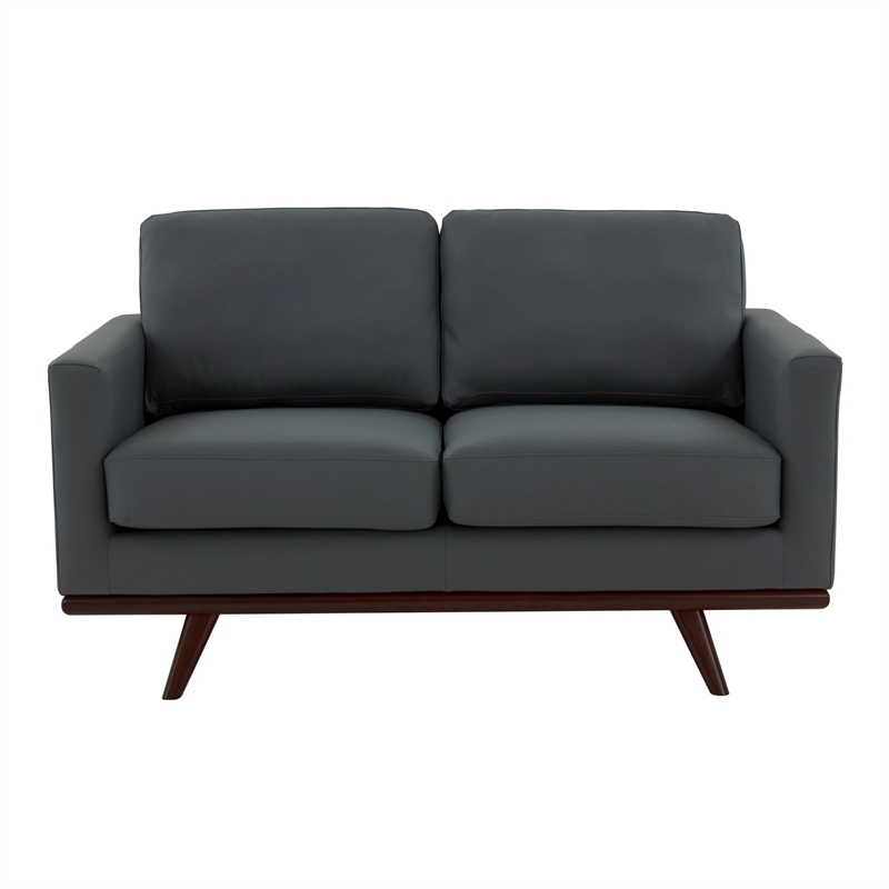 LeisureMod Chester Modern Faux Leather Loveseat With Birch Wood Base Gray