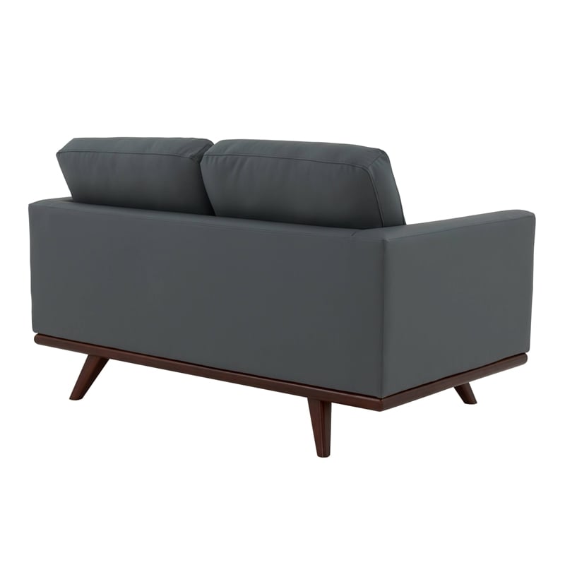 LeisureMod Chester Modern Faux Leather Loveseat With Birch Wood Base Gray
