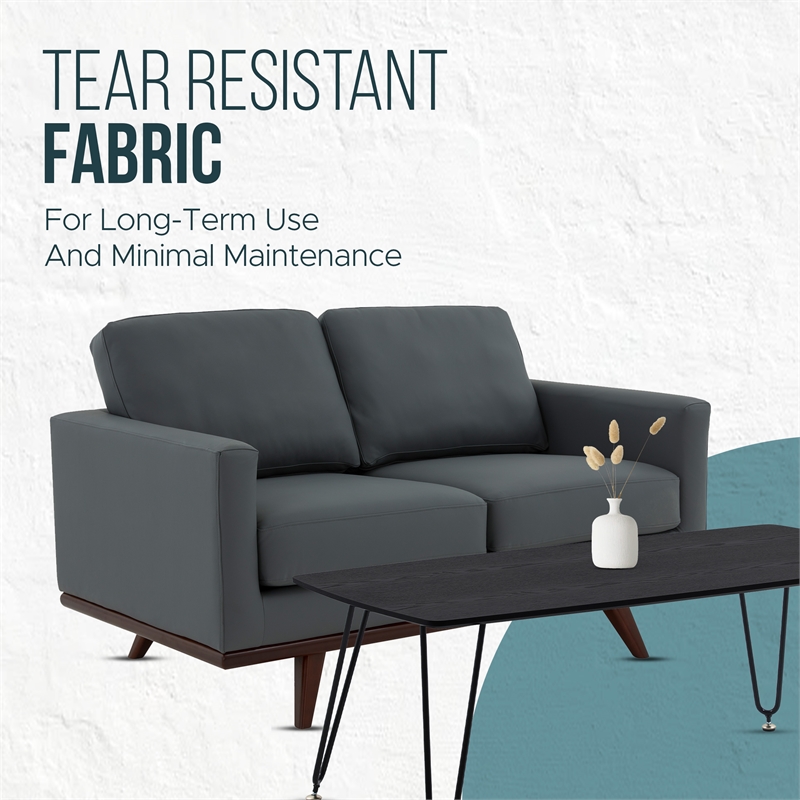 LeisureMod Chester Modern Faux Leather Loveseat With Birch Wood Base Gray