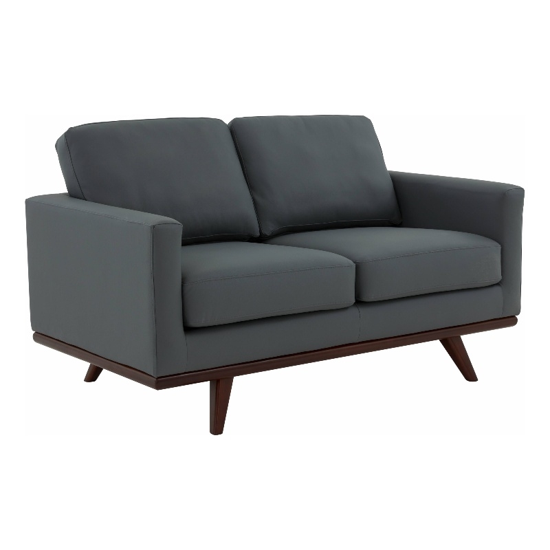 LeisureMod Chester Modern Faux Leather Loveseat With Birch Wood Base Gray