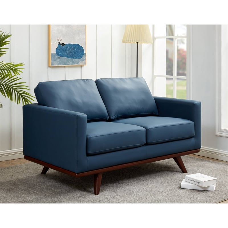 LeisureMod Chester Modern Faux Leather Loveseat With Birch Wood Base Navy Blue