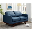 LeisureMod Chester Modern Faux Leather Loveseat With Birch Wood Base Navy Blue