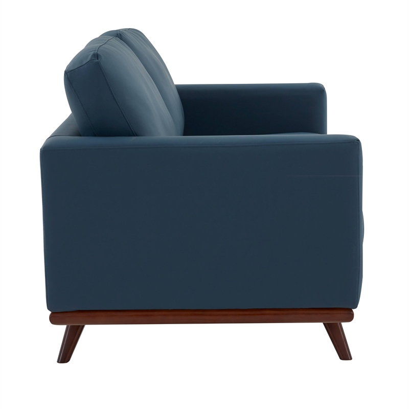 LeisureMod Chester Modern Faux Leather Loveseat With Birch Wood Base Navy Blue