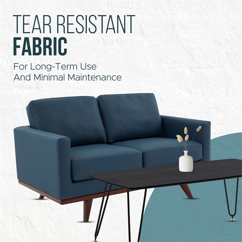 LeisureMod Chester Modern Faux Leather Loveseat With Birch Wood Base Navy Blue