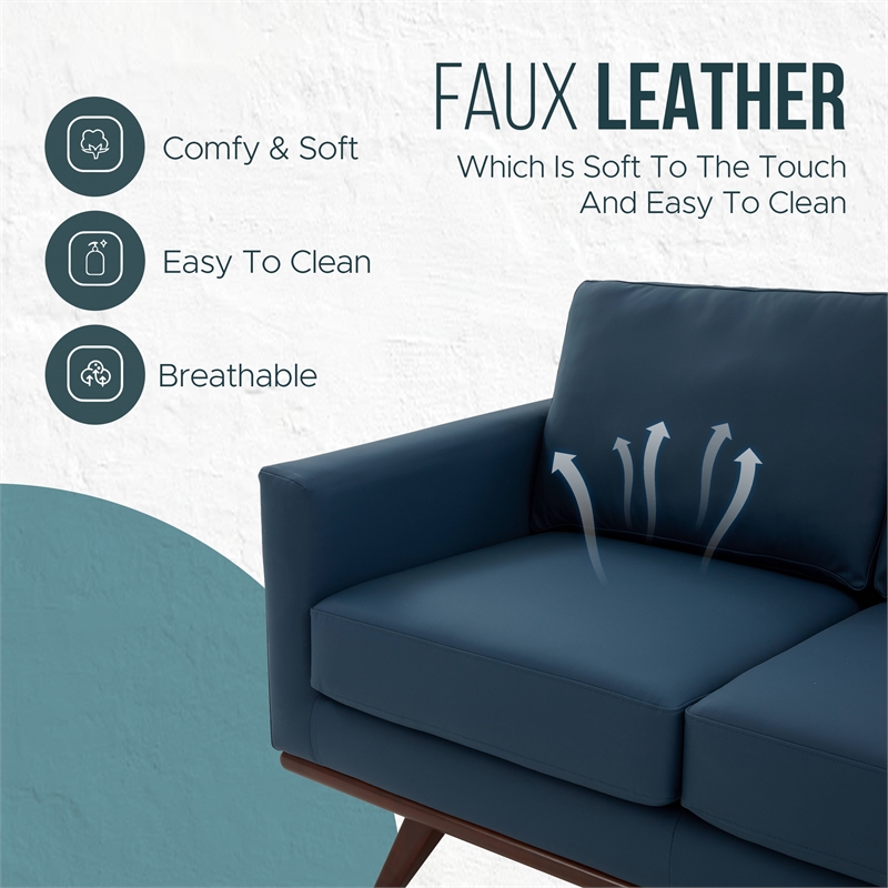 LeisureMod Chester Modern Faux Leather Loveseat With Birch Wood Base Navy Blue