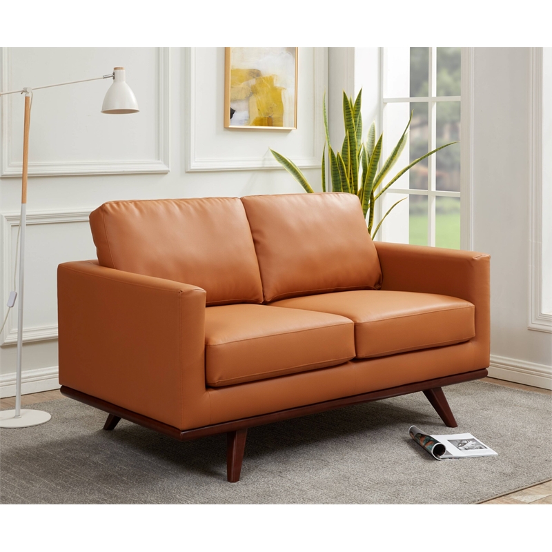 LeisureMod Chester Modern Faux Leather Loveseat With Birch Wood Base Cognac Tan