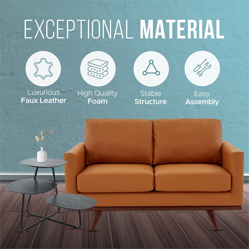 LeisureMod Chester Modern Faux Leather Loveseat With Birch Wood Base Cognac Tan