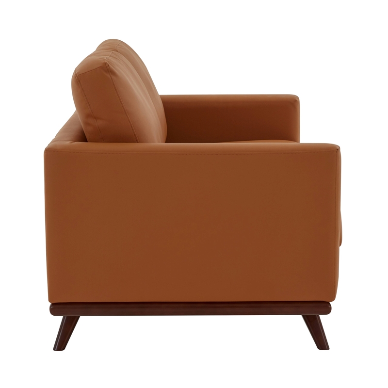 LeisureMod Chester Modern Faux Leather Loveseat With Birch Wood Base Cognac Tan
