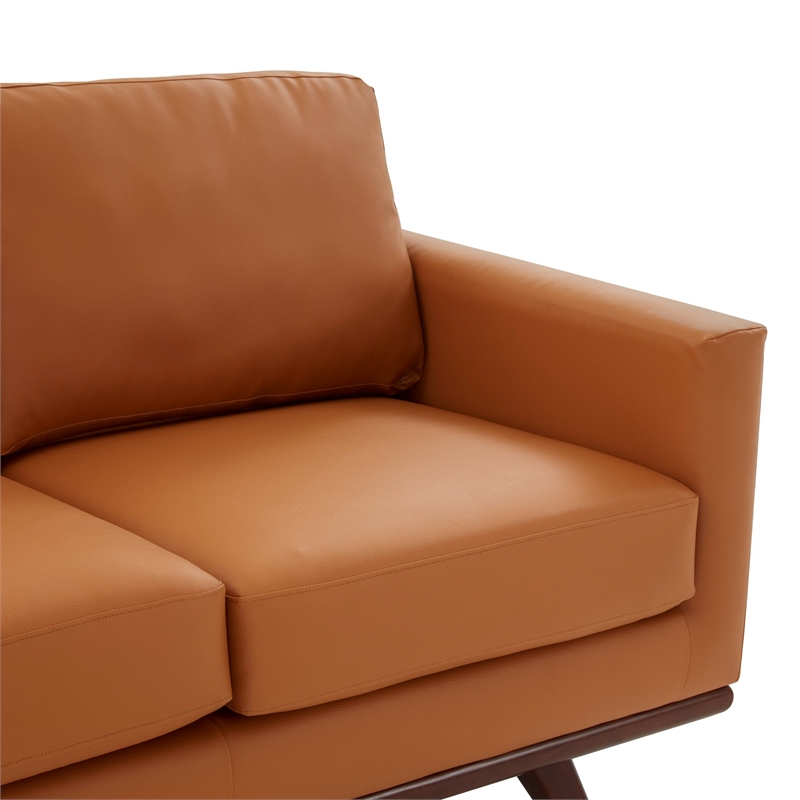 LeisureMod Chester Modern Faux Leather Loveseat With Birch Wood Base Cognac Tan