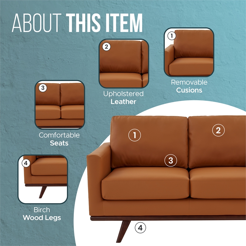 LeisureMod Chester Modern Faux Leather Loveseat With Birch Wood Base Cognac Tan