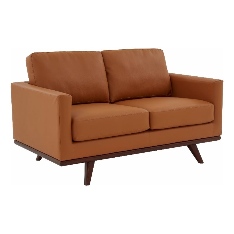 LeisureMod Chester Modern Faux Leather Loveseat With Birch Wood Base Cognac Tan
