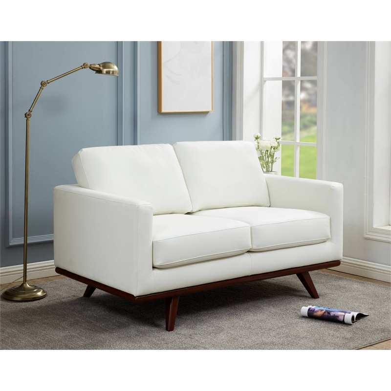 LeisureMod Chester Modern Faux Leather Loveseat With Birch Wood Base White