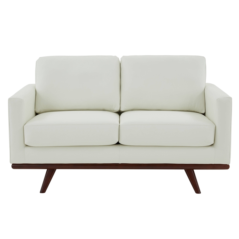 LeisureMod Chester Modern Faux Leather Loveseat With Birch Wood Base White