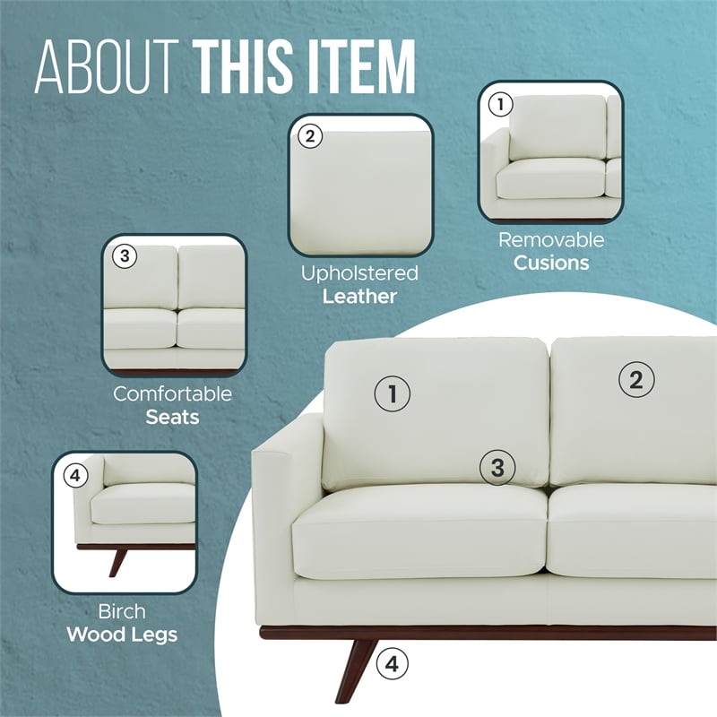 LeisureMod Chester Modern Faux Leather Loveseat With Birch Wood Base White