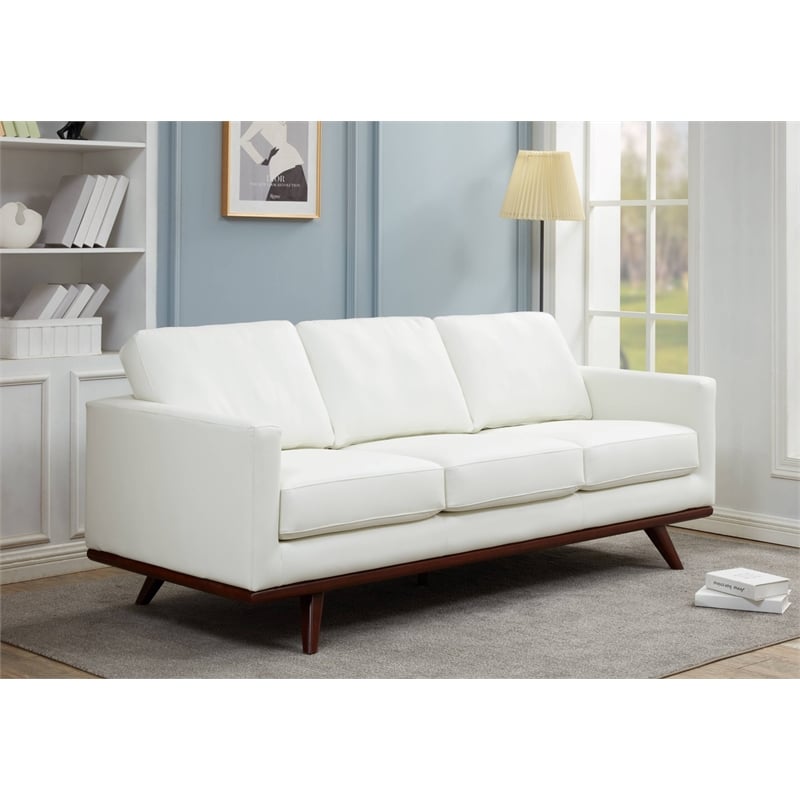 LeisureMod Chester Modern Faux Leather Sofa with Birch Wood Base White
