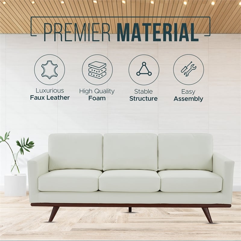 LeisureMod Chester Modern Faux Leather Sofa with Birch Wood Base White