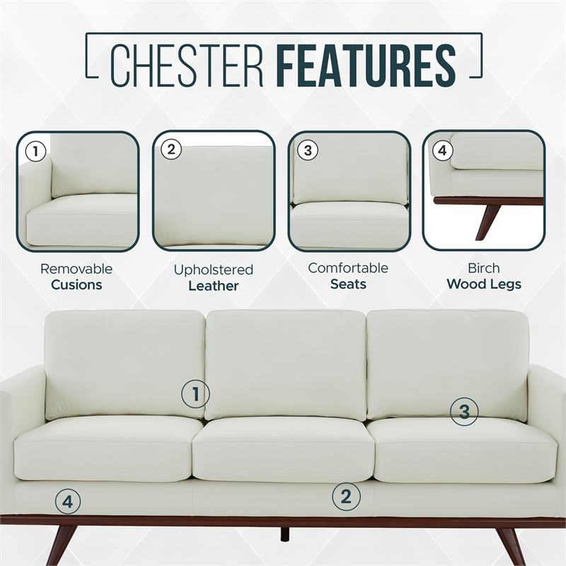 LeisureMod Chester Modern Faux Leather Sofa with Birch Wood Base White
