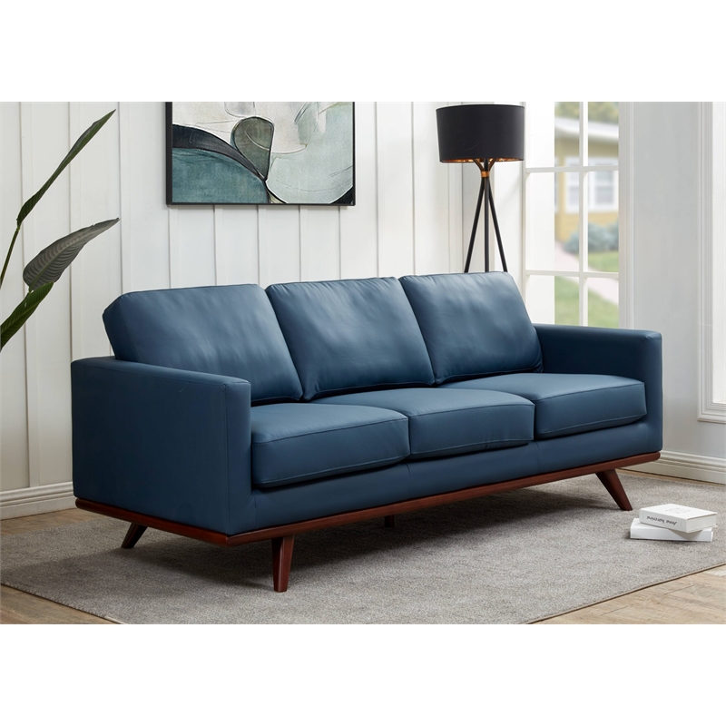 LeisureMod Chester Modern Faux Leather Sofa with Birch Wood Base Navy Blue