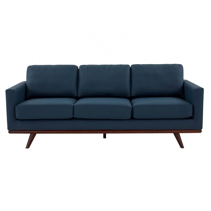 LeisureMod Chester Modern Faux Leather Sofa with Birch Wood Base Navy Blue