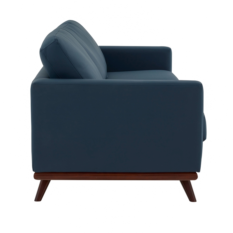 LeisureMod Chester Modern Faux Leather Sofa with Birch Wood Base Navy Blue