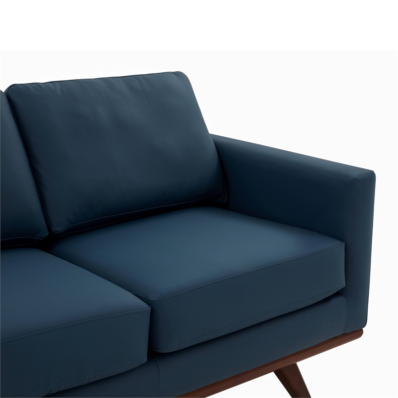LeisureMod Chester Modern Faux Leather Sofa with Birch Wood Base Navy Blue