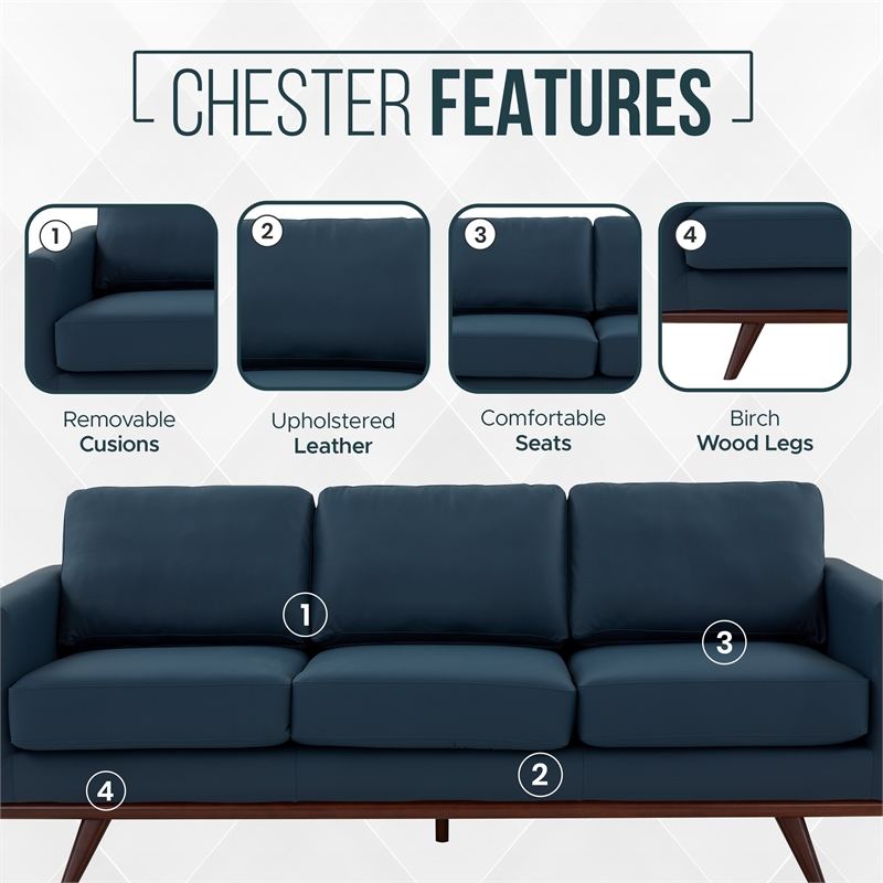 LeisureMod Chester Modern Faux Leather Sofa with Birch Wood Base Navy Blue