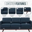 LeisureMod Chester Modern Faux Leather Sofa with Birch Wood Base Navy Blue