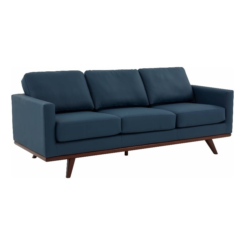 LeisureMod Chester Modern Faux Leather Sofa with Birch Wood Base Navy Blue