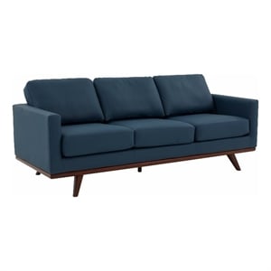 LeisureMod Chester Modern Faux Leather Sofa with Birch Wood Base Navy Blue