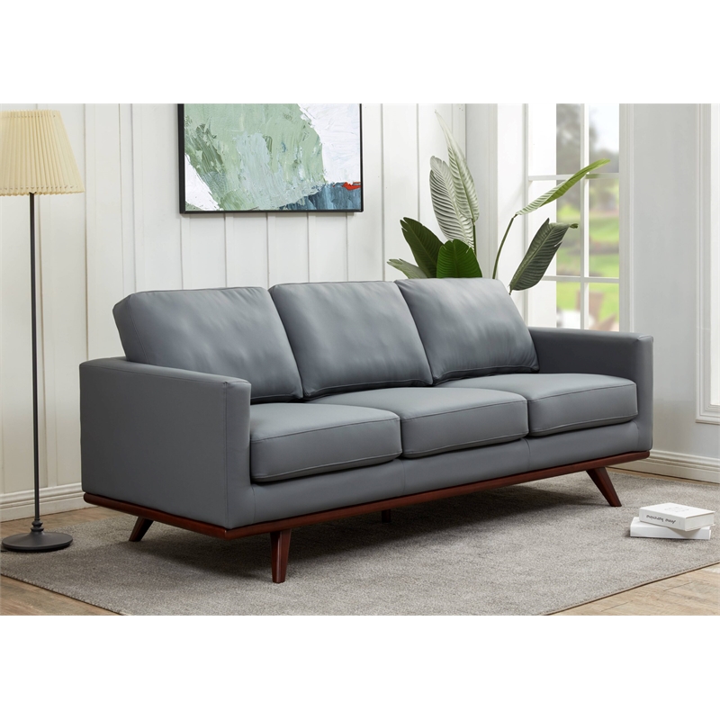 LeisureMod Chester Modern Faux Leather Sofa with Birch Wood Base Gray