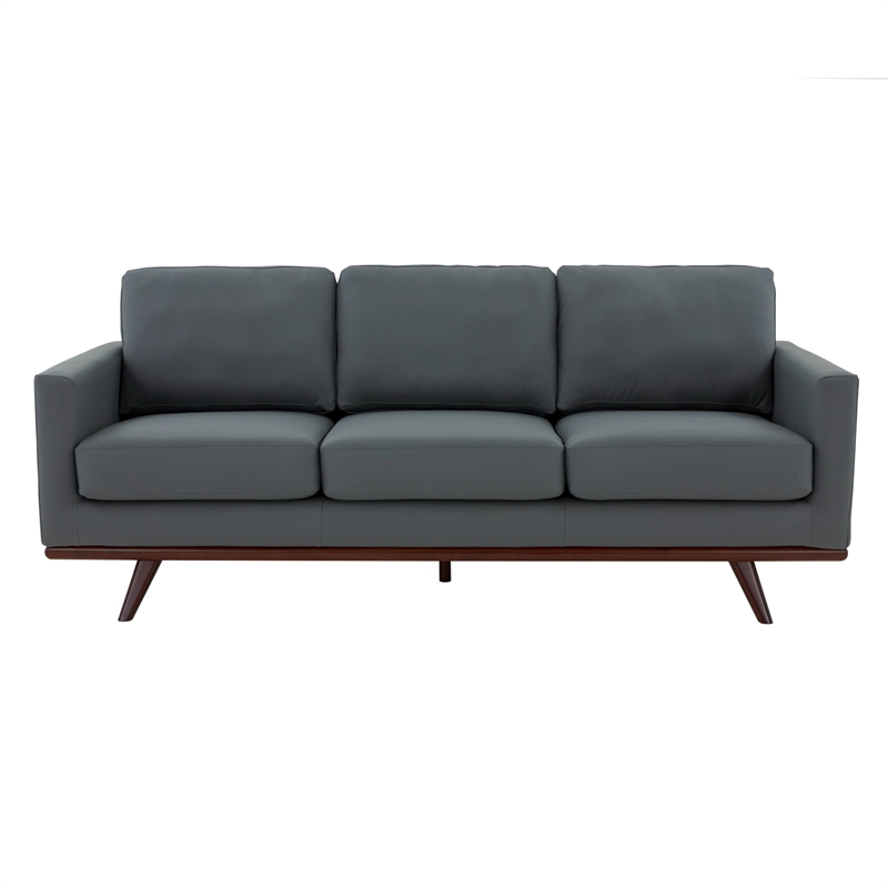 LeisureMod Chester Modern Faux Leather Sofa with Birch Wood Base Gray