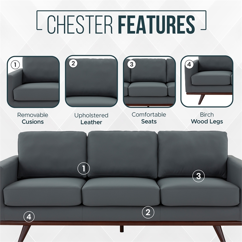 LeisureMod Chester Modern Faux Leather Sofa with Birch Wood Base Gray