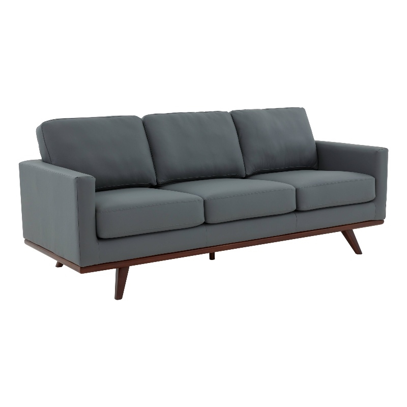 LeisureMod Chester Modern Faux Leather Sofa with Birch Wood Base Gray