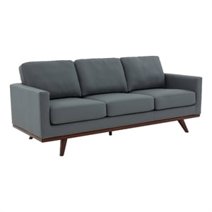 LeisureMod Chester Modern Faux Leather Sofa with Birch Wood Base Gray