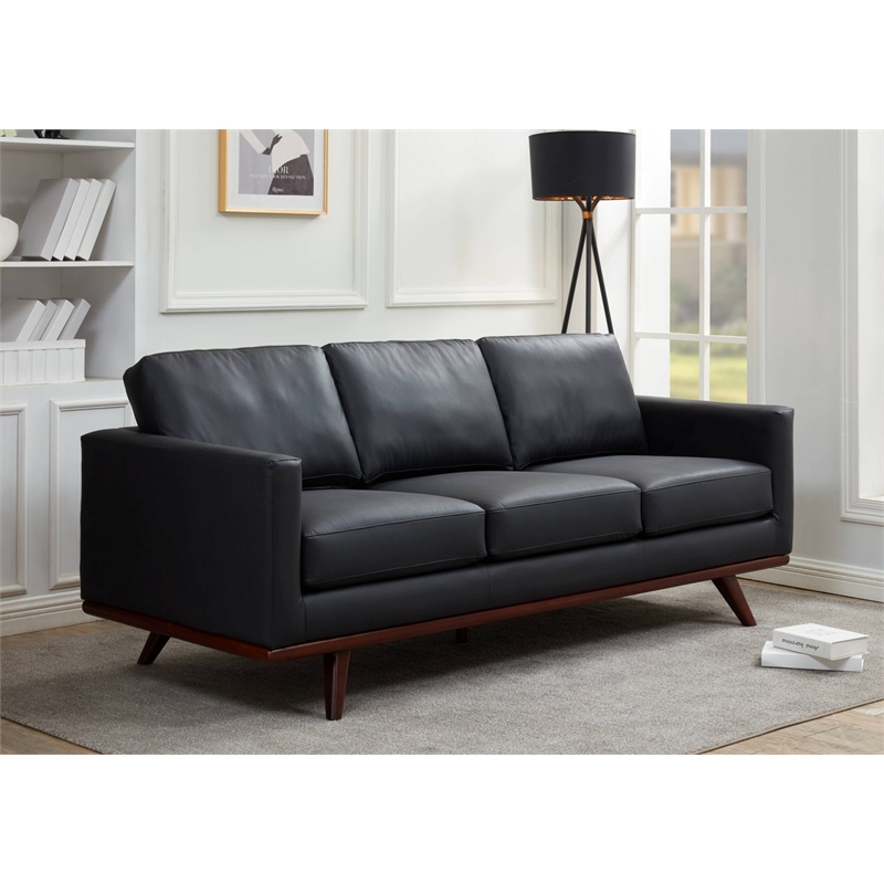LeisureMod Chester Modern Faux Leather Sofa with Birch Wood Base Black