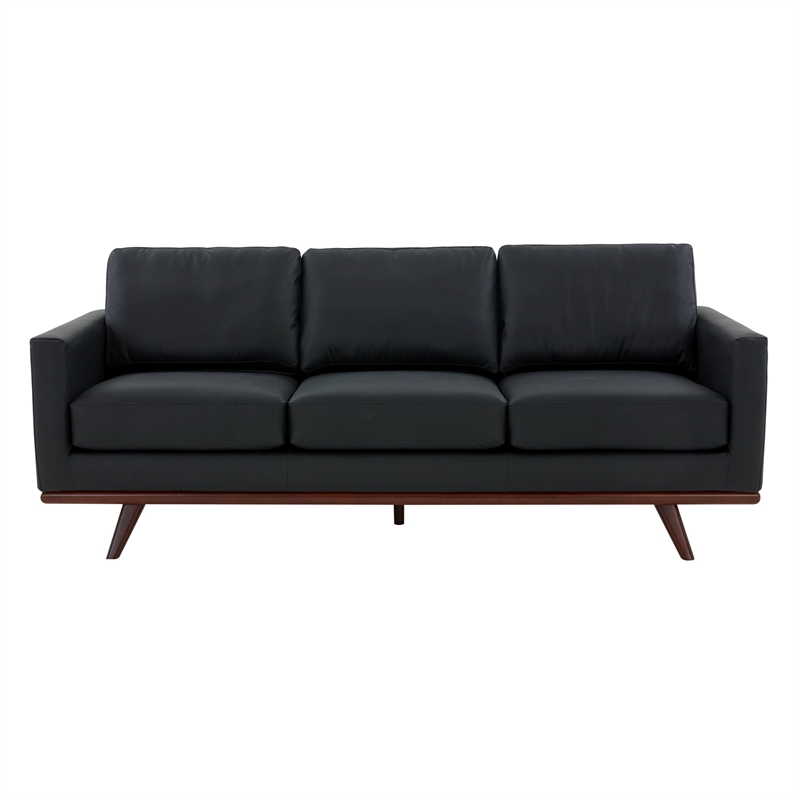 LeisureMod Chester Modern Faux Leather Sofa with Birch Wood Base Black
