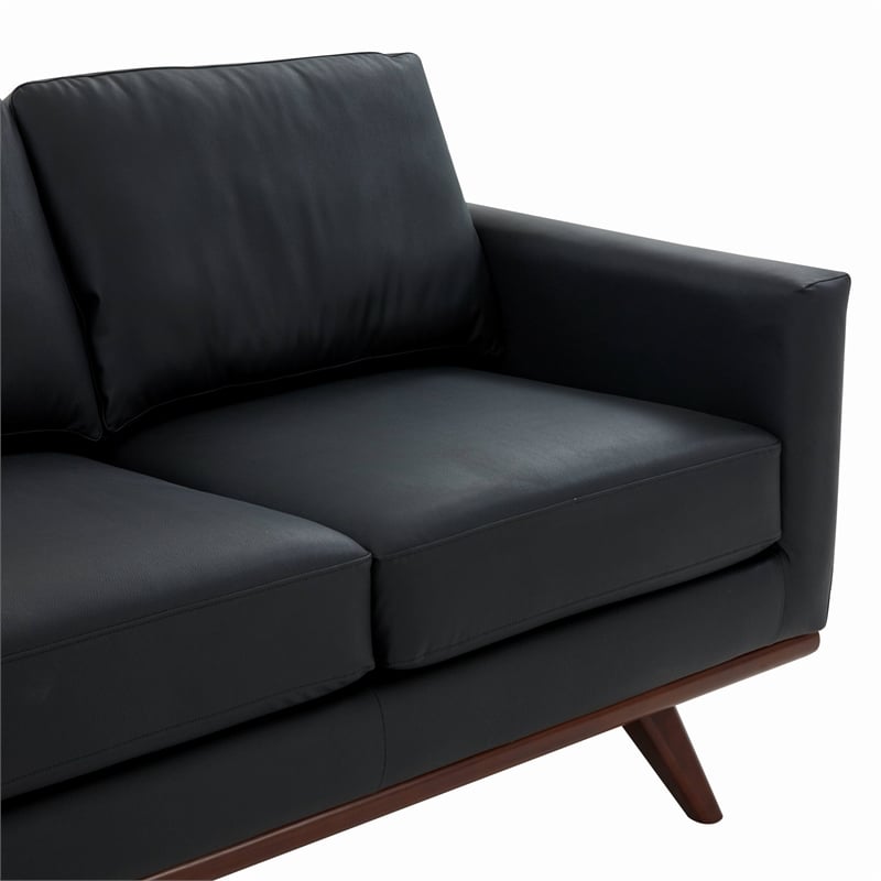 LeisureMod Chester Modern Faux Leather Sofa with Birch Wood Base Black