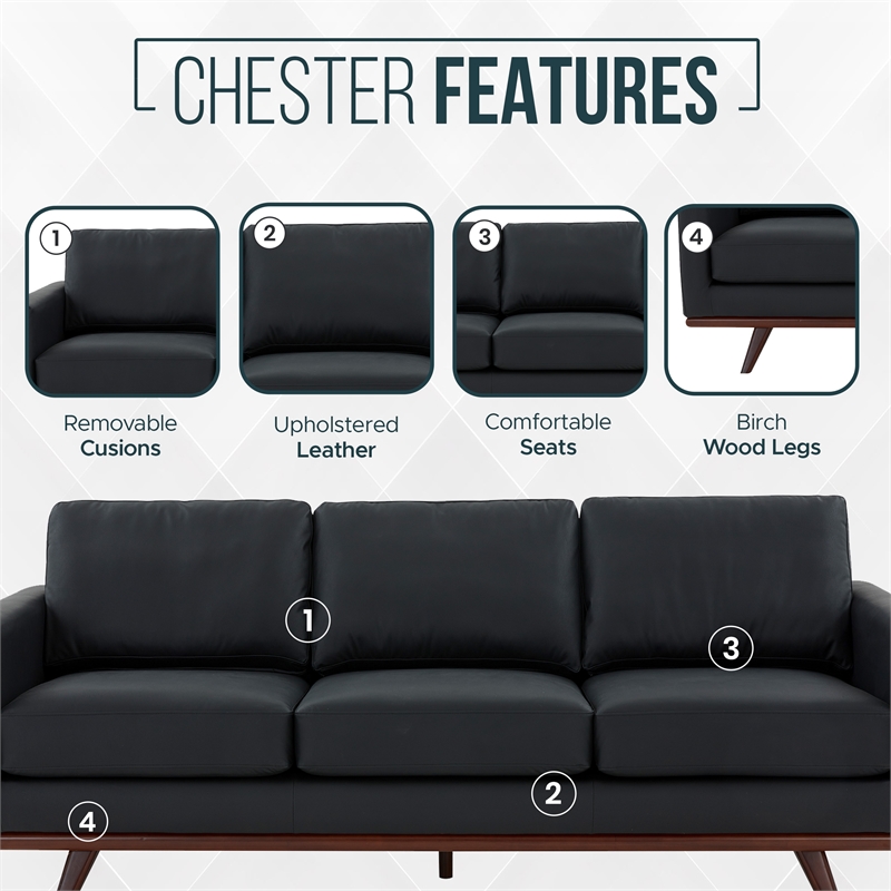LeisureMod Chester Modern Faux Leather Sofa with Birch Wood Base Black